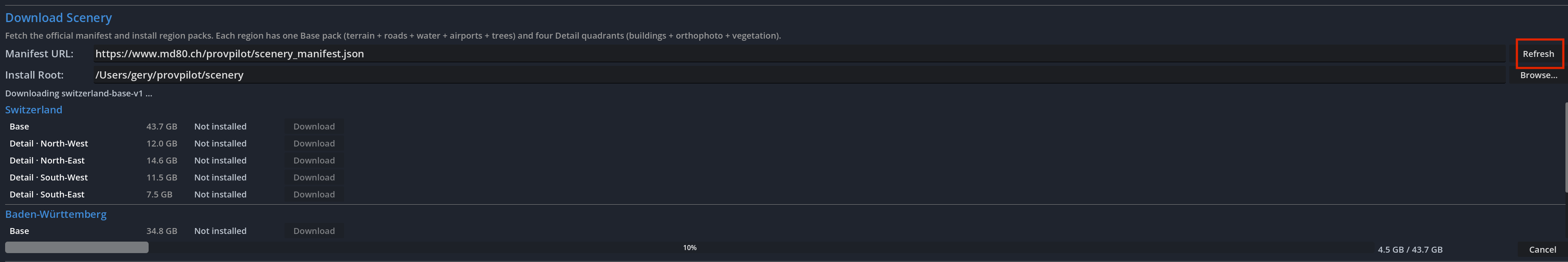 In-app scenery downloader — region list